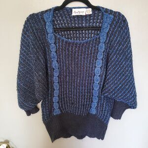 Vintage Y2K Sweater Blue Black Knit Chenille Accents Dolman Sleeves *READ*